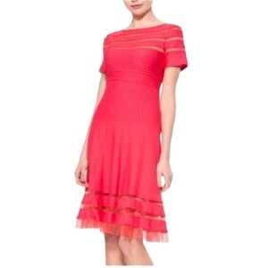 Tadashi Shoji Red Sheer Striped Ribbed Cocktail Dress